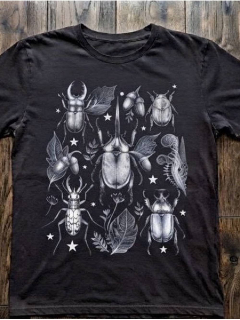 Black Short Sleeve Tee with White Beetle & Botanical Print